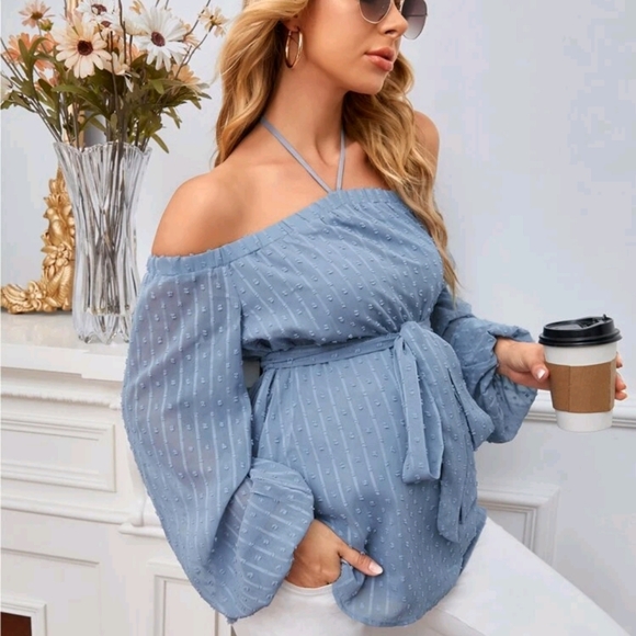 Maternity Swiss Dot Halterneck Belted Blouse - Picture 1 of 6